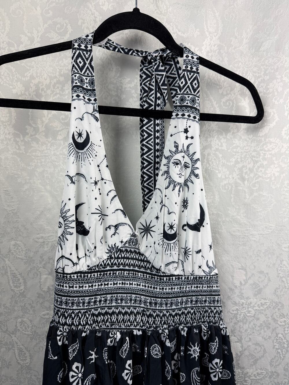 ROMWE Women’s 1XL Black White Maxi Dress Halter Neck Boho Sun Moon Print NWT